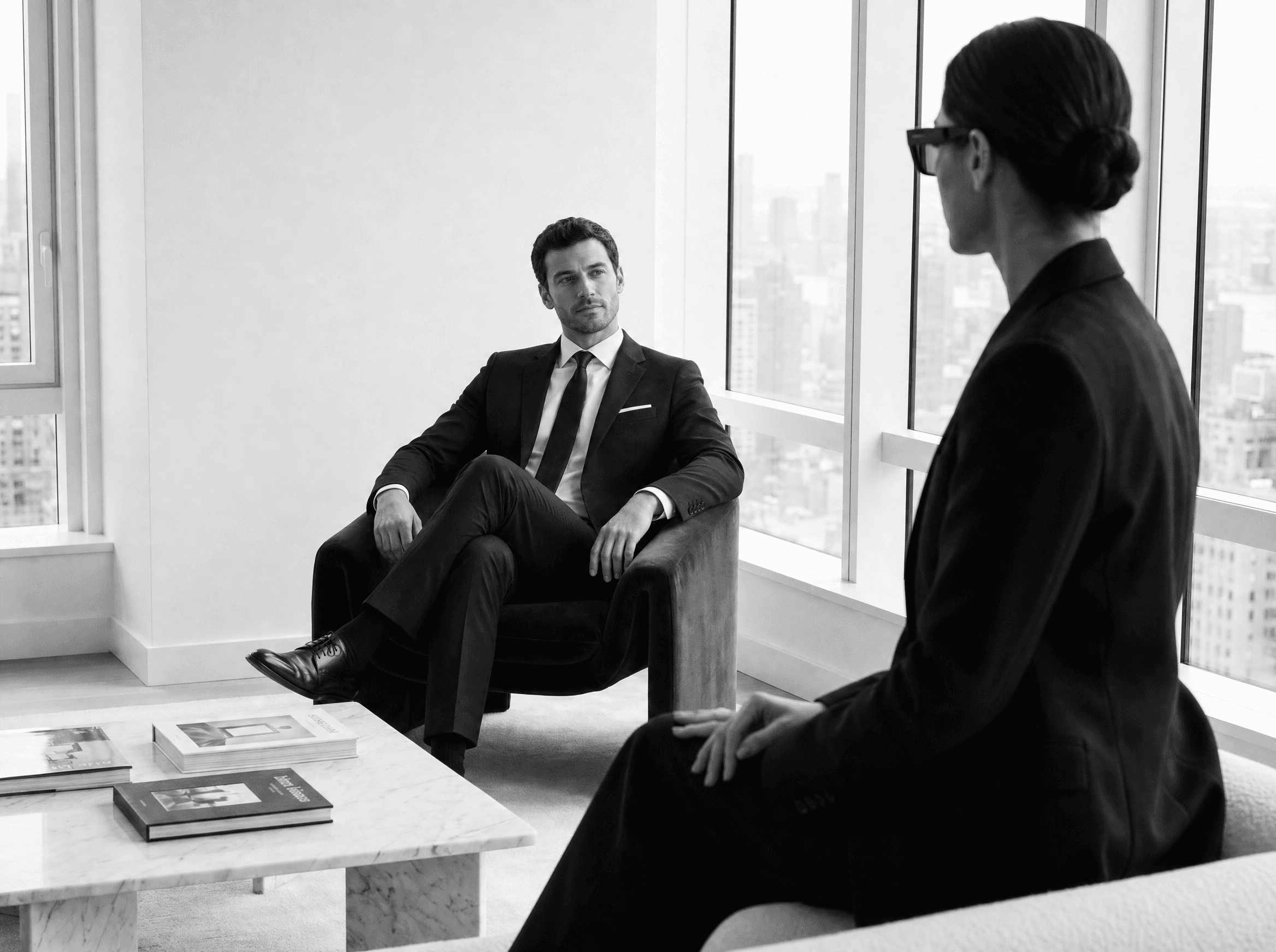 Private consultation overlooking a city skyline